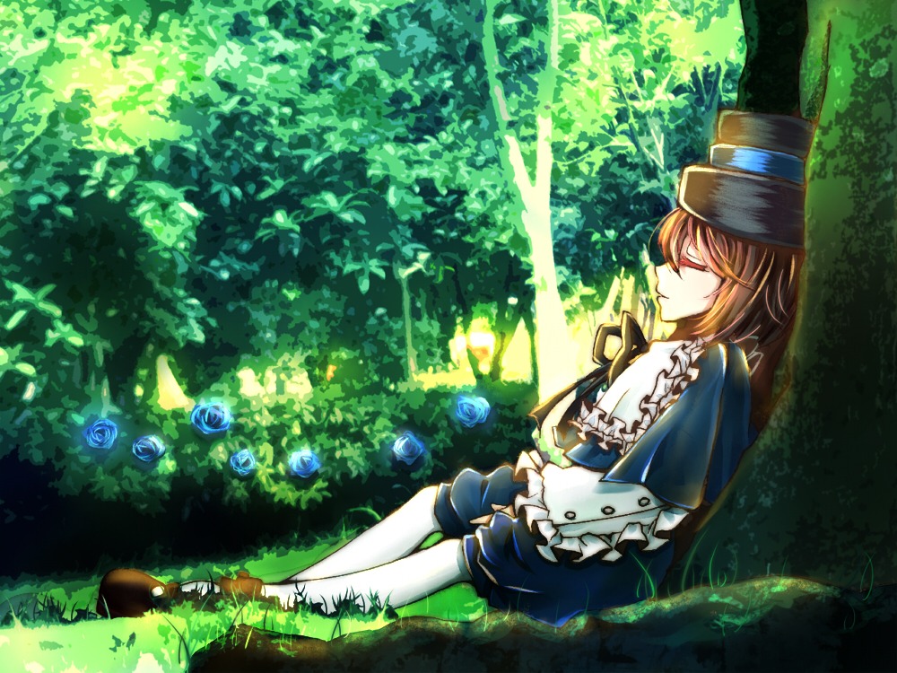 1girl barefoot blue_flower blue_rose brown_hair capelet closed_eyes flower hat image nature ribbon rose short_hair shorts sitting solo souseiseki sunlight tree