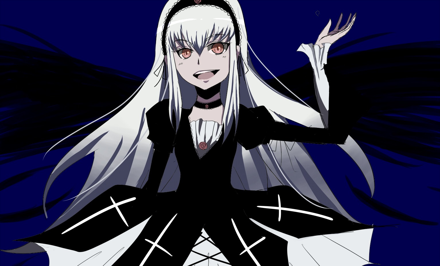 1girl :d black_dress black_wings blue_background choker dress eyebrows_visible_through_hair hairband image juliet_sleeves long_hair long_sleeves looking_at_viewer open_mouth puffy_sleeves simple_background smile solo suigintou very_long_hair wings