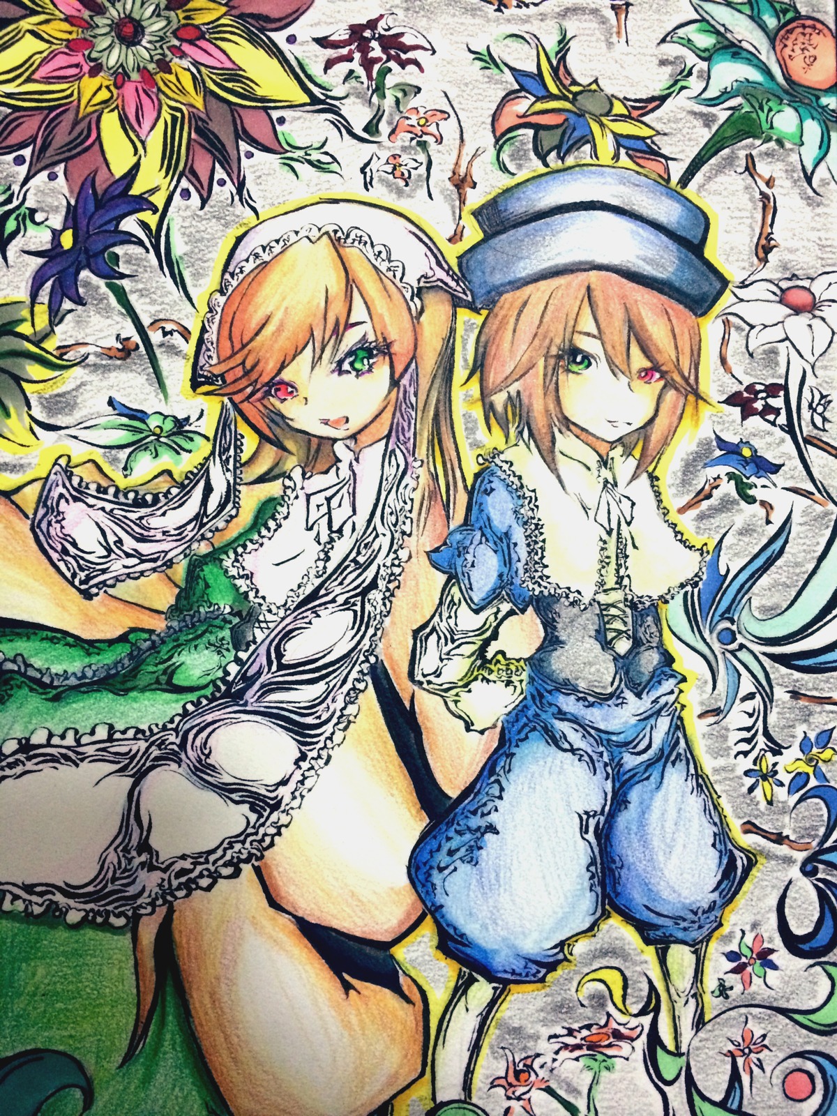 2girls brown_hair bug butterfly dress flower green_eyes hat heterochromia image insect long_hair multiple_girls pair red_eyes siblings sisters smile souseiseki suiseiseki top_hat traditional_media twins very_long_hair