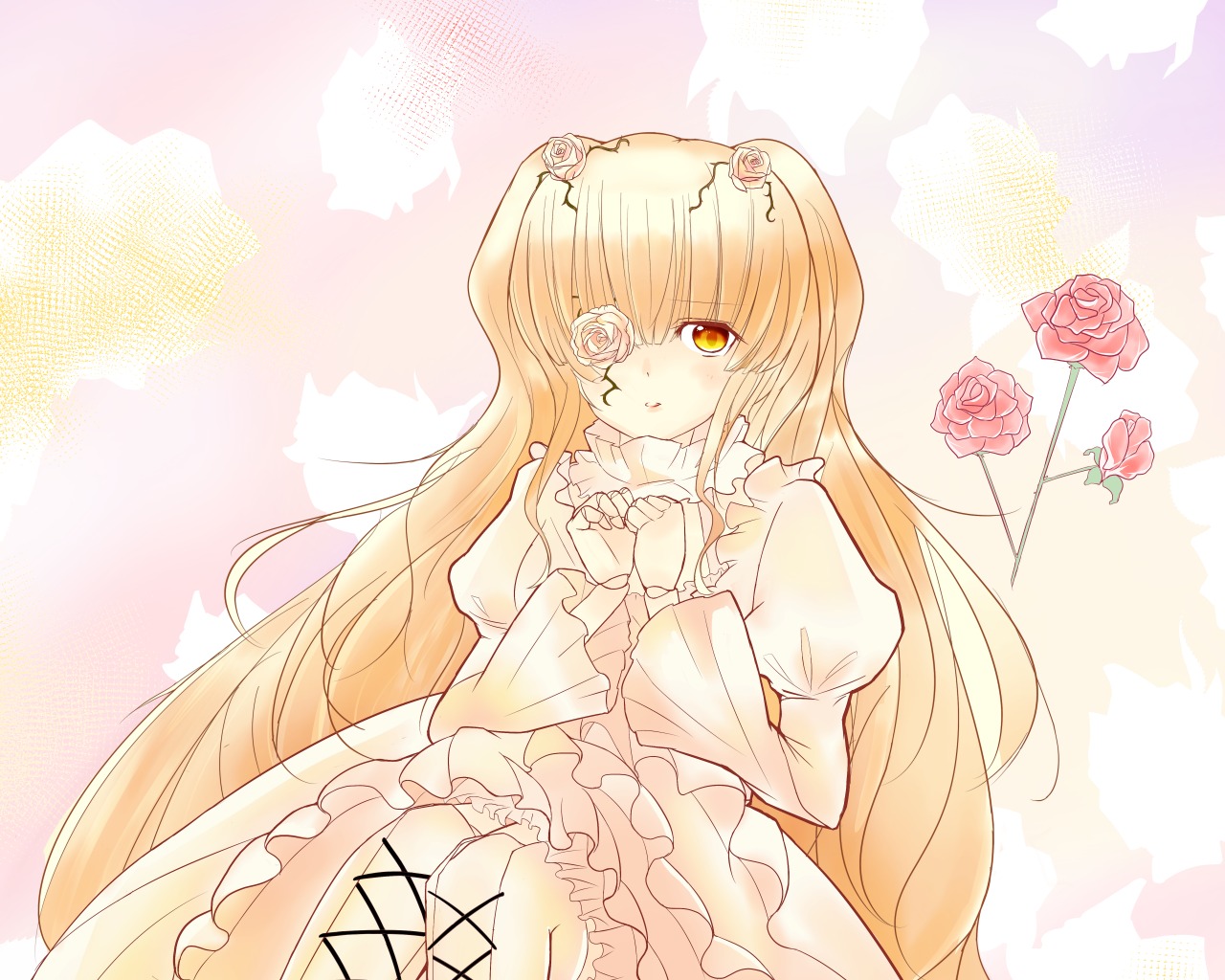 1girl blonde_hair blush boots cross-laced_footwear dress eyepatch flower frills image kirakishou long_hair pink_flower pink_rose rose solo thorns very_long_hair yellow_eyes