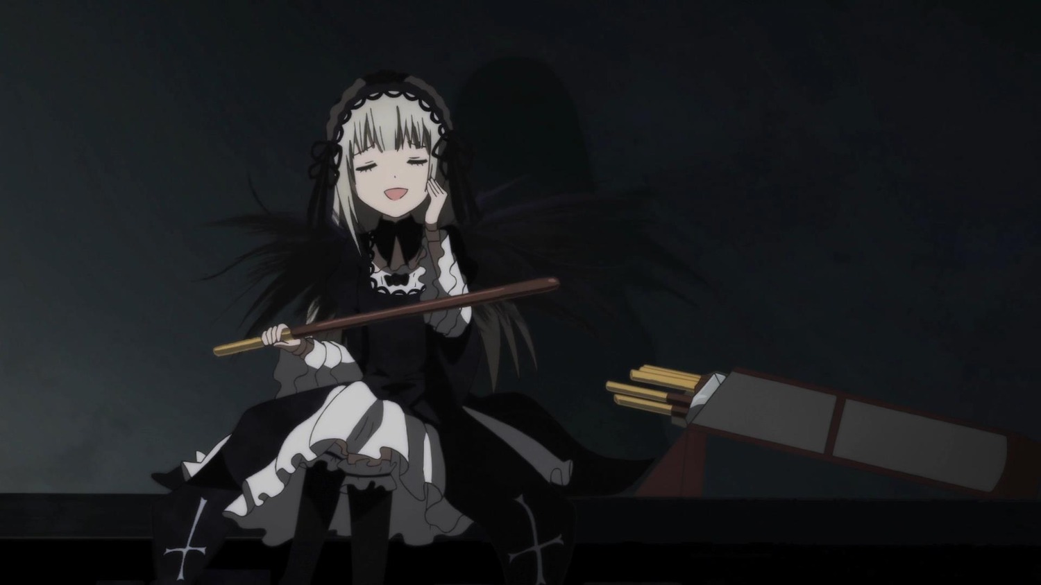 1girl black_background black_dress closed_eyes dress frills gothic_lolita hairband holding image instrument lolita_hairband long_hair long_sleeves open_mouth sitting smile solo suigintou weapon