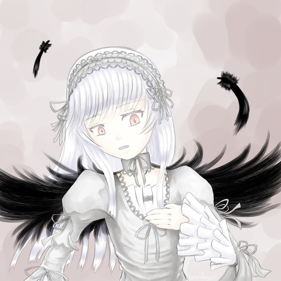 1girl black_ribbon black_wings detached_collar dress feathered_wings feathers frills hairband image juliet_sleeves long_hair long_sleeves looking_at_viewer pink_eyes puffy_sleeves ribbon silver_hair solo suigintou upper_body wings