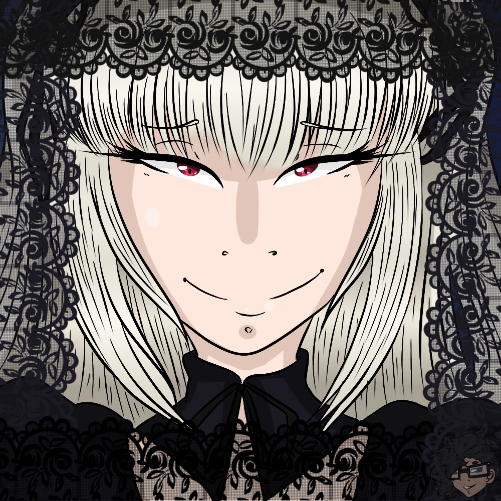 1girl auto_tagged closed_mouth face gothic image lace lace_trim mole portrait smile solo suigintou tattoo veil white_hair