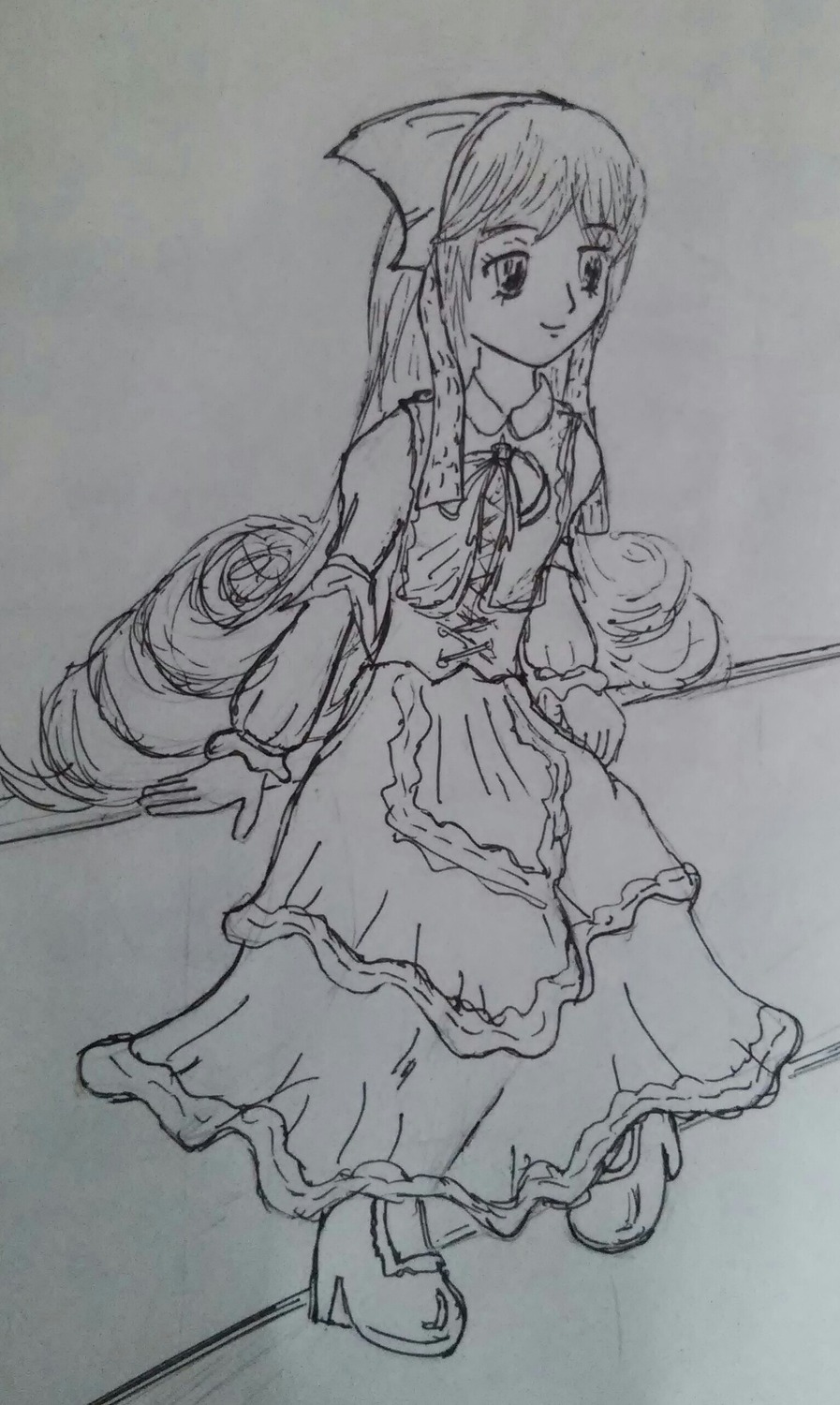 1girl bow dress full_body greyscale hair_bow image long_hair long_sleeves looking_at_viewer monochrome sketch smile solo standing suiseiseki traditional_media very_long_hair