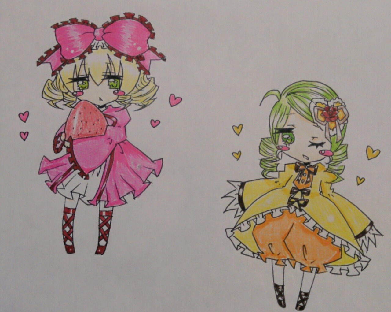 2girls blonde_hair bow dress drill_hair food fruit green_eyes green_hair hair_bow heart hina_ichigo hinaichigo image kanaria multiple_girls one_eye_closed pair pink_bow short_hair standing strawberry traditional_media yellow_dress