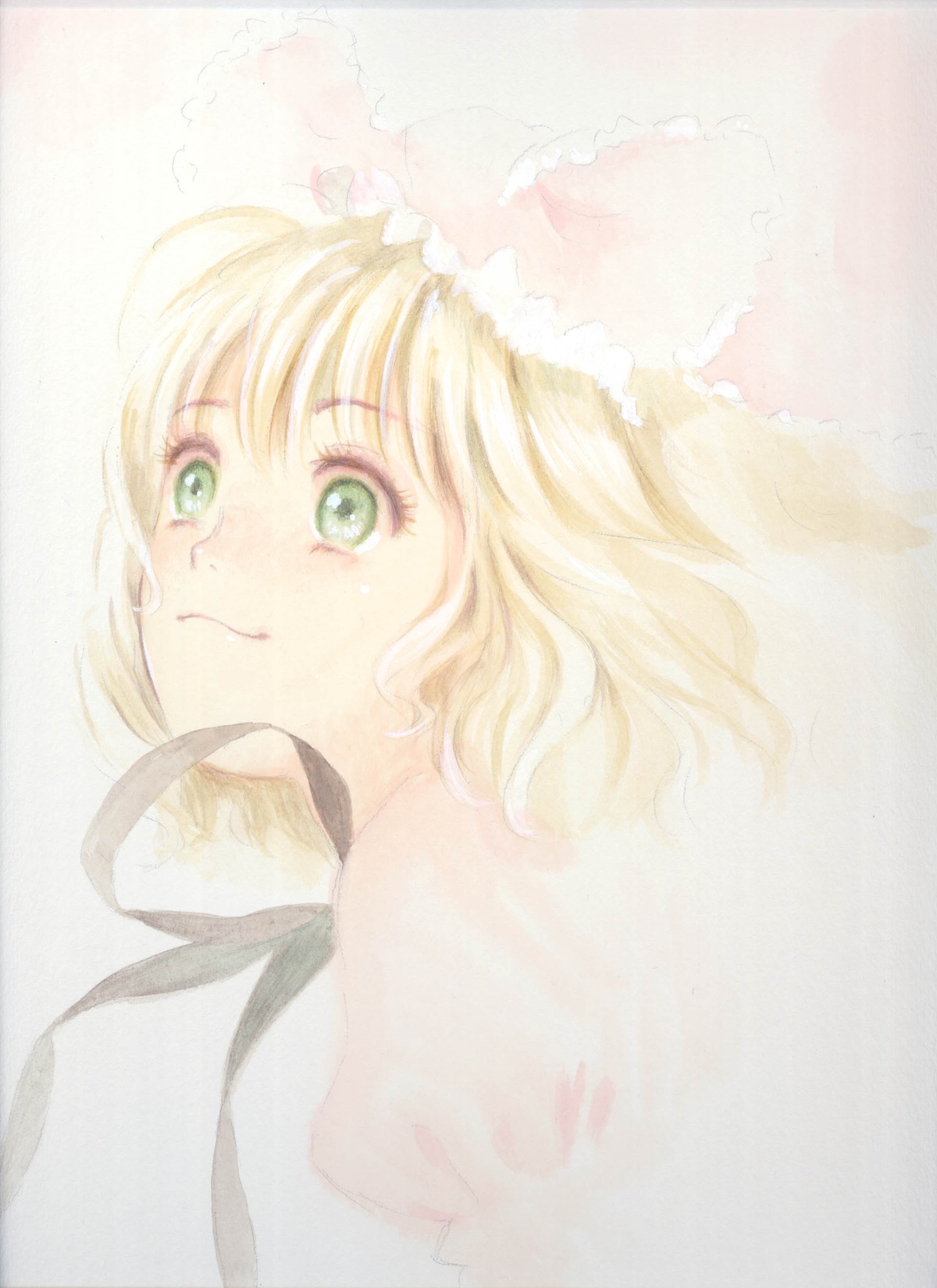 1girl blonde_hair closed_mouth frills green_eyes hinaichigo image looking_at_viewer looking_back portrait short_hair simple_background smile solo striped_background