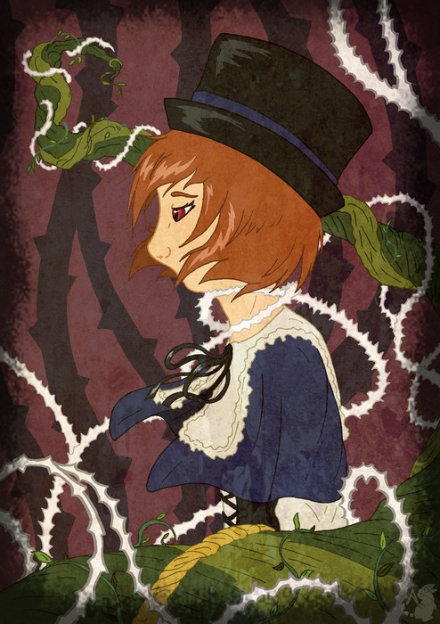 1girl black_ribbon brown_hair frills from_side hat image long_sleeves plant profile red_eyes ribbon short_hair solo souseiseki upper_body vines