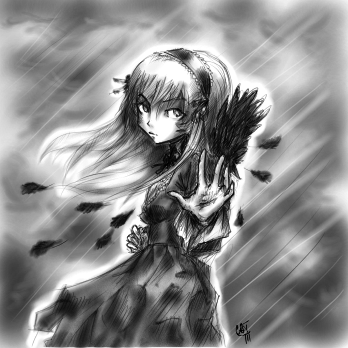 1girl closed_mouth cloud cloudy_sky dress feathers flower frills greyscale hairband image long_hair long_sleeves looking_at_viewer monochrome outdoors rain sky solo standing suigintou wings