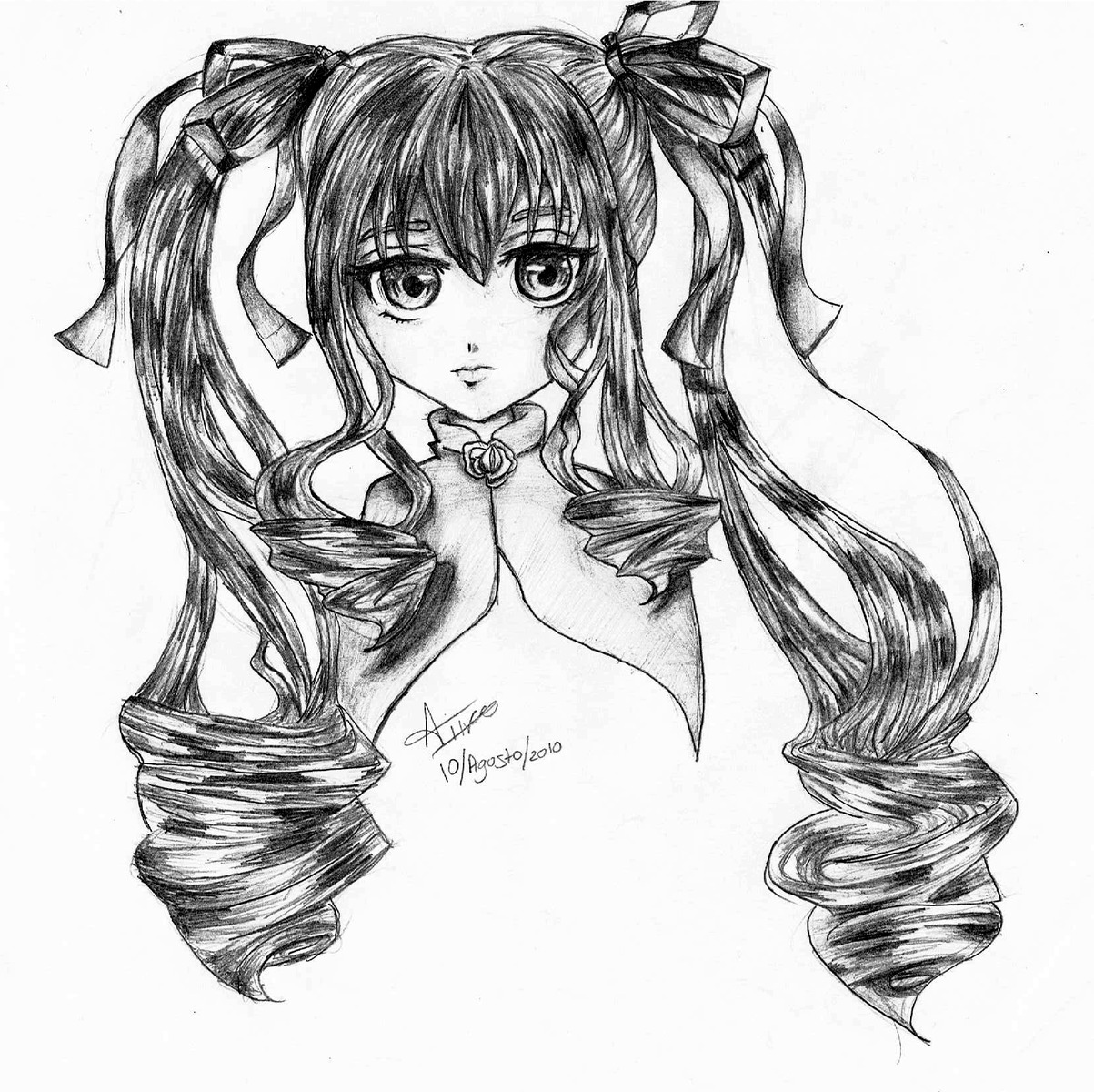 1girl artist_name dated drill_hair graphite_(medium) greyscale hair_ribbon image long_hair looking_at_viewer monochrome ribbon shinku simple_background solo traditional_media twintails white_background