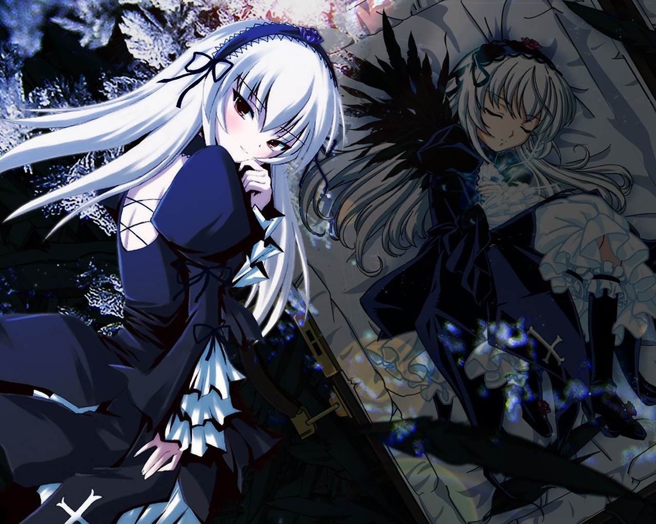 2girls closed_eyes cross dress flower frills hairband image long_hair long_sleeves looking_at_viewer multiple_girls ribbon rose smile solo suigintou wings