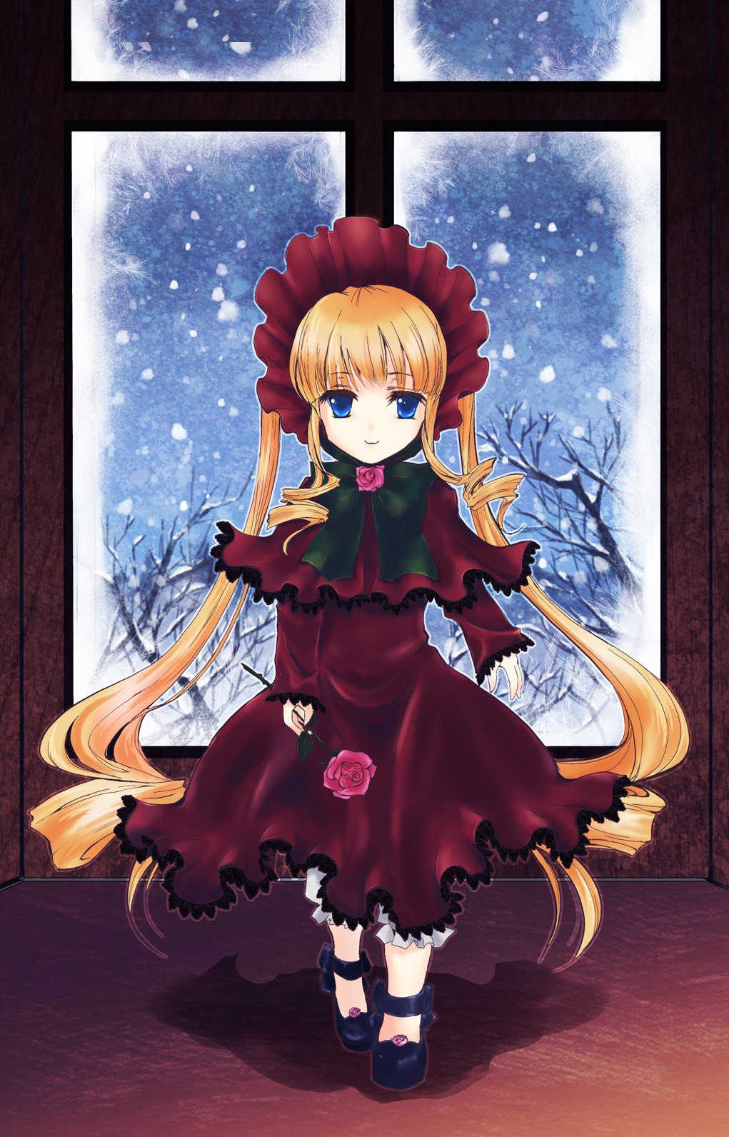1girl blonde_hair blue_eyes bonnet bow bowtie capelet dress flower full_body image long_hair long_sleeves looking_at_viewer pink_flower pink_rose red_capelet red_dress rose shinku sidelocks solo standing twintails very_long_hair window