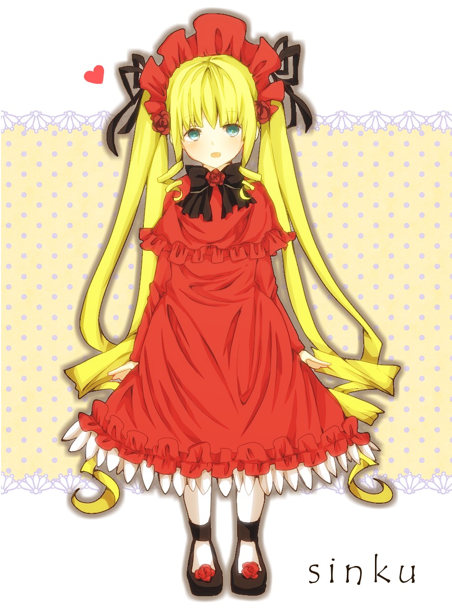1girl auto_tagged blonde_hair blue_eyes blush bow dress flower frills halftone halftone_background heart image long_hair long_sleeves looking_at_viewer open_mouth polka_dot polka_dot_background rose shinku smile solo twintails