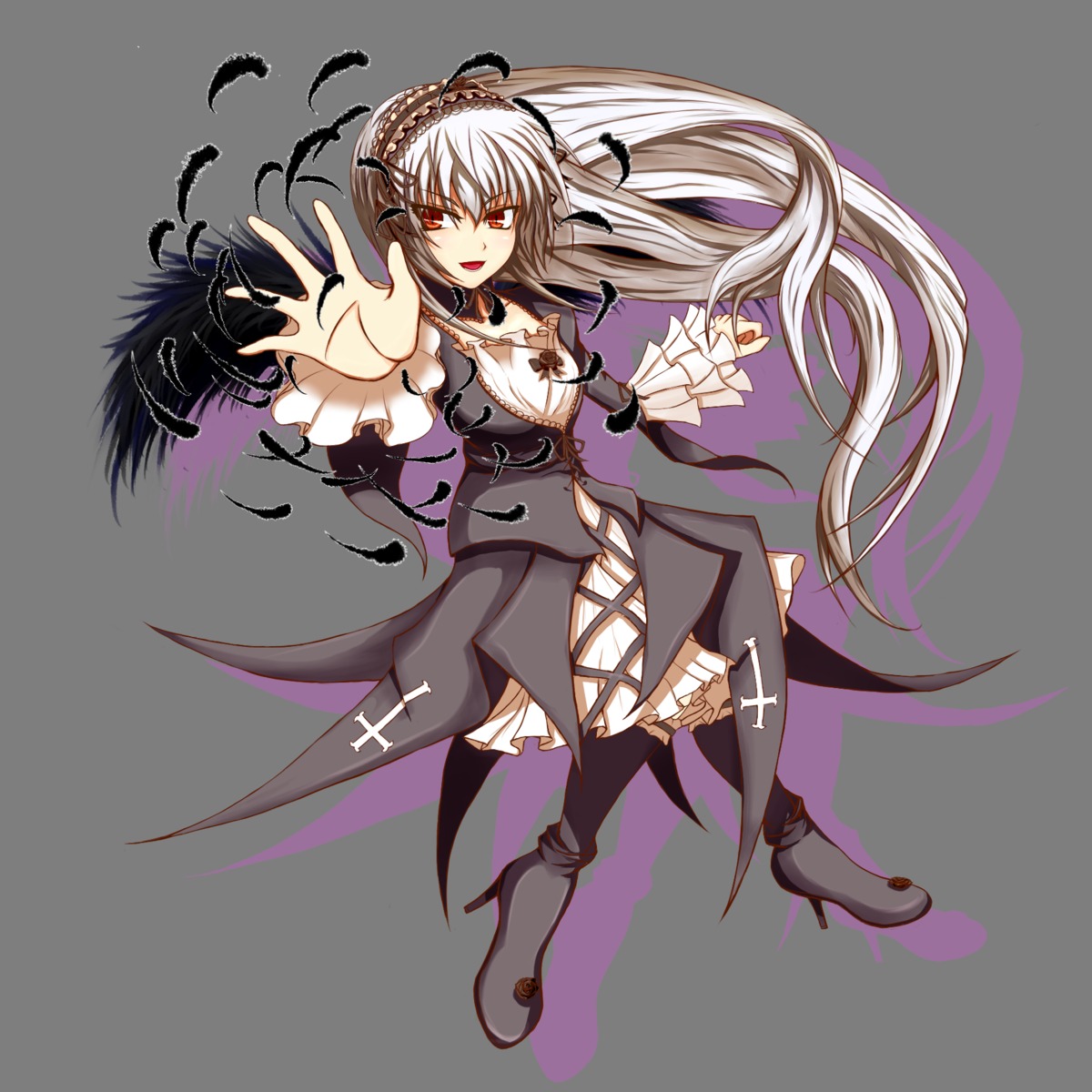 1girl asuto3 black_wings boots choker commentary_request cross dress drop_shadow feathers floating_hair flower frills full_body hairband highres image long_hair long_sleeves looking_at_viewer open_mouth outstretched_hand red_eyes ribbon rozen_maiden silver_hair solo suigintou transparent_background very_long_hair wings