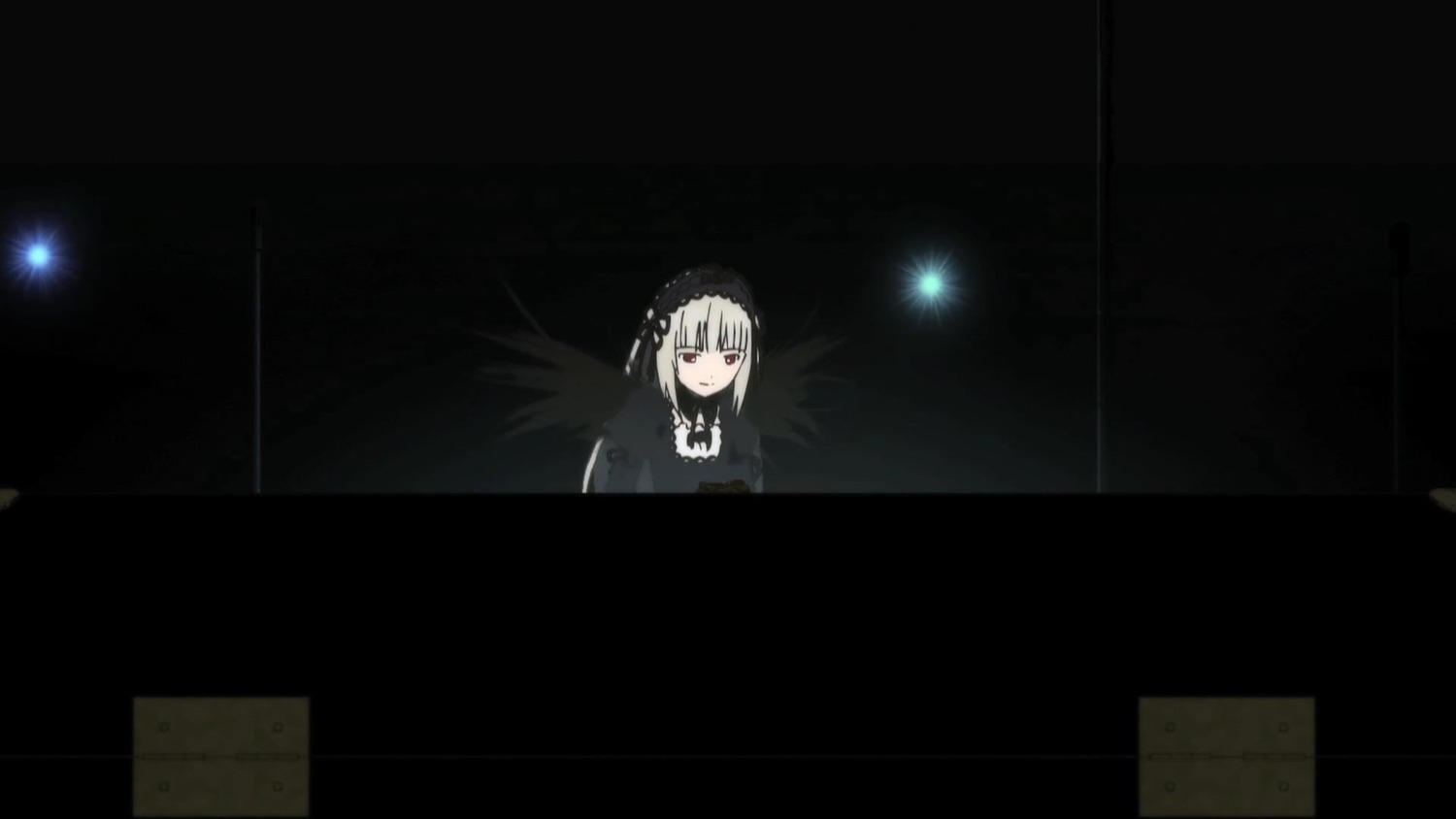 1girl black_background black_ribbon black_wings dress hairband image long_hair long_sleeves looking_at_viewer red_eyes ribbon silver_hair solo suigintou wings