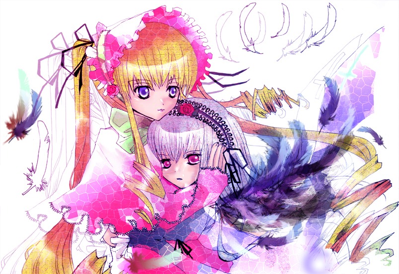 2girls bird black_wings blonde_hair dress feathers floating_hair flower frills hairband image long_hair long_sleeves looking_at_viewer multiple_girls pair parted_lips pink_eyes red_dress shinku silver_hair suigintou twintails very_long_hair wings