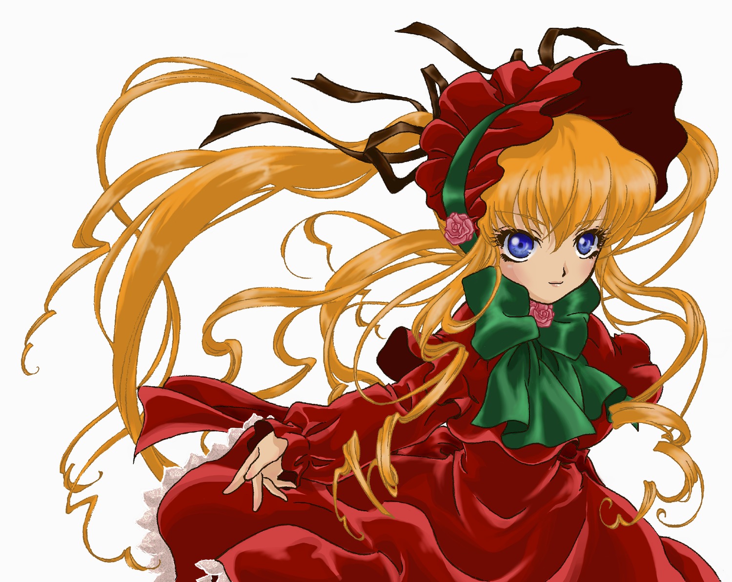 1girl blonde_hair blue_eyes bonnet bow bowtie dress flower green_bow green_neckwear image long_hair long_sleeves looking_at_viewer red_dress rose shinku simple_background solo very_long_hair white_background