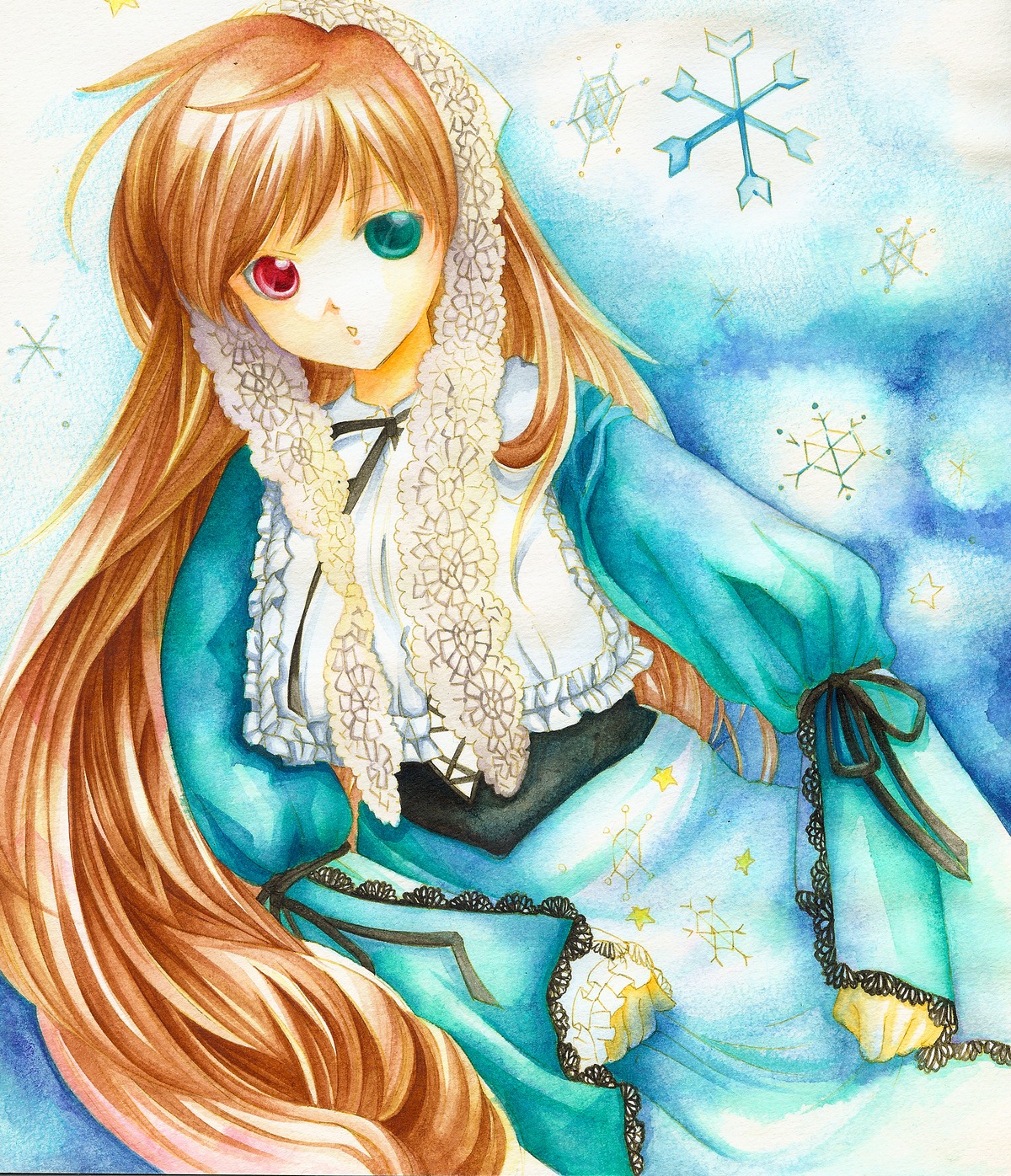 1girl brown_hair dress frills heterochromia image long_hair long_sleeves looking_at_viewer marker_(medium) pastel_(medium) red_eyes ribbon solo suiseiseki traditional_media very_long_hair watercolor_(medium)