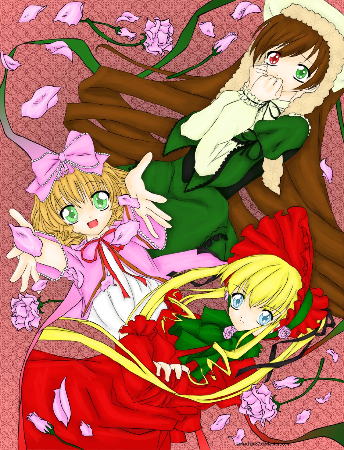 3girls blonde_hair blue_eyes bonnet bow bowtie brown_hair dress flower frills green_dress green_eyes hair_bow hat heterochromia hina_ichigo image long_hair long_sleeves looking_at_viewer multiple multiple_girls open_mouth outstretched_arm petals pink_bow pink_flower red_dress red_eyes shinku suiseiseki tagme twintails