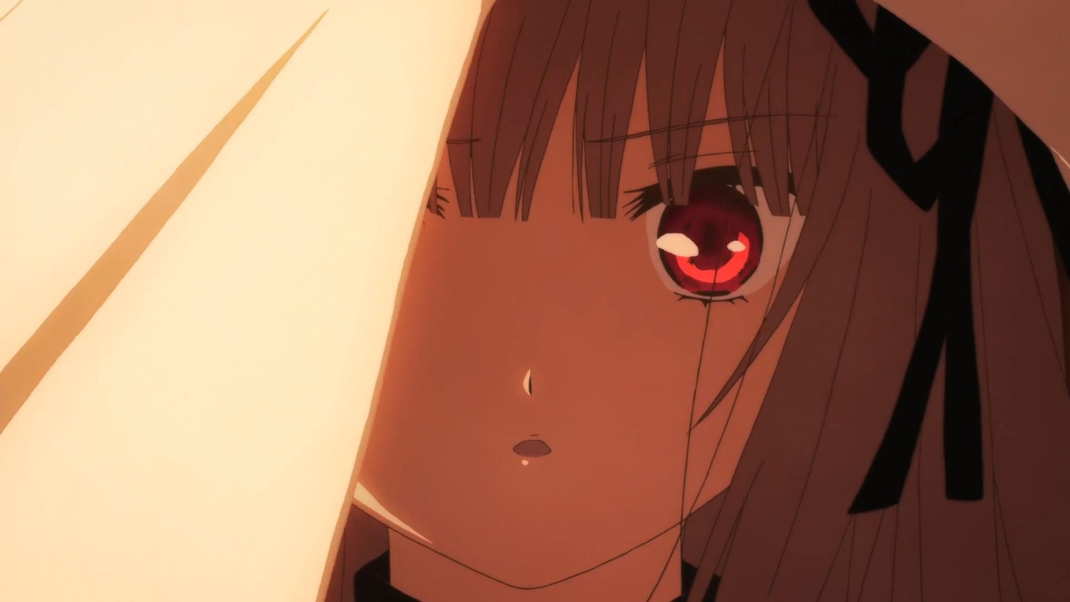 1girl bangs black_ribbon brown_hair close-up eyebrows_visible_through_hair face hair_between_eyes hair_ribbon image looking_at_viewer red_eyes ribbon solo suigintou