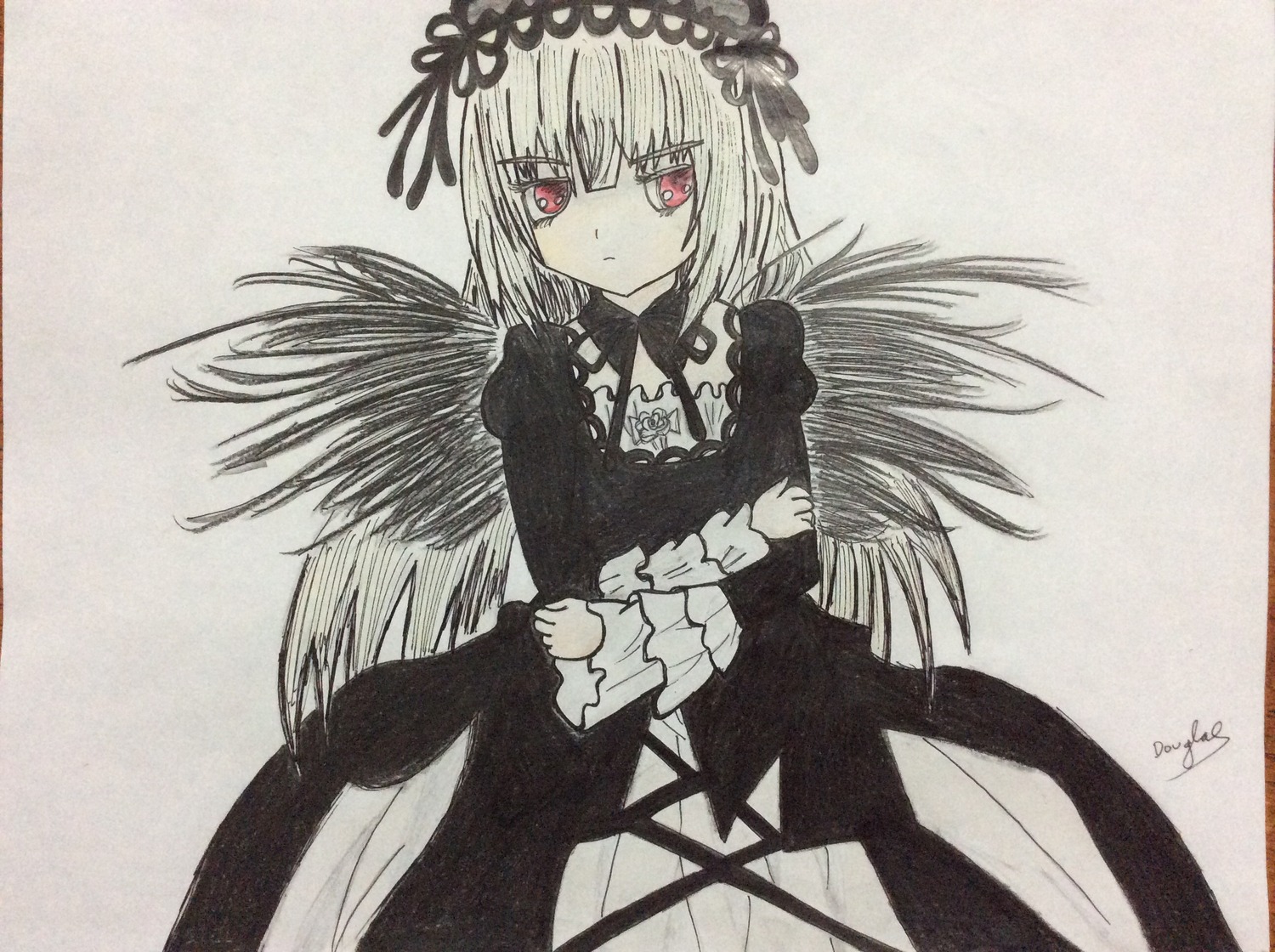 1girl bangs black_dress black_wings closed_mouth dress eyebrows_visible_through_hair feathered_wings feathers flower frills hair_between_eyes hairband image long_hair long_sleeves looking_at_viewer monochrome photo red_eyes rose signature solo suigintou traditional_media wings