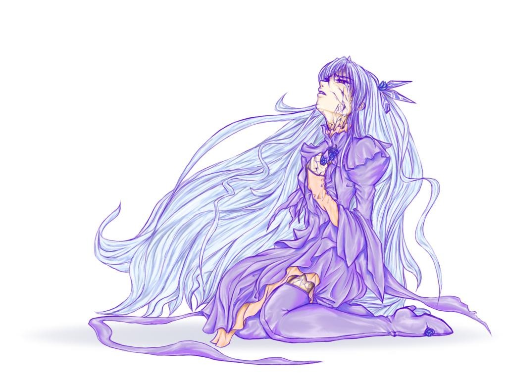 1girl artist_request barasuishou barefoot boots brown_eyes crying crying_with_eyes_open dress image light_purple_hair long_hair long_sleeves photoshop_(medium) purple_dress purple_theme ribbon rozen_maiden simple_background sitting solo striped tears thigh_boots thighhighs vertical_stripes very_long_hair wariza white_background