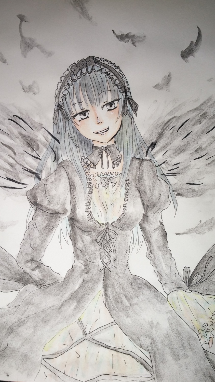 1girl bird breasts dress feathers flower frills hairband image juliet_sleeves long_hair long_sleeves looking_at_viewer monochrome puffy_sleeves seagull smile solo suigintou traditional_media wings