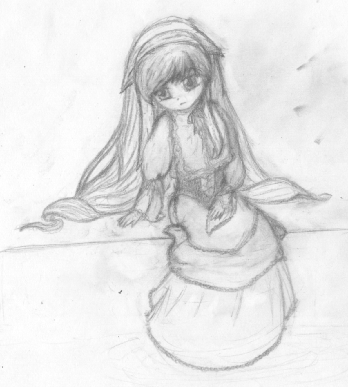 1girl dress greyscale image long_hair looking_at_viewer monochrome sketch solo standing suiseiseki