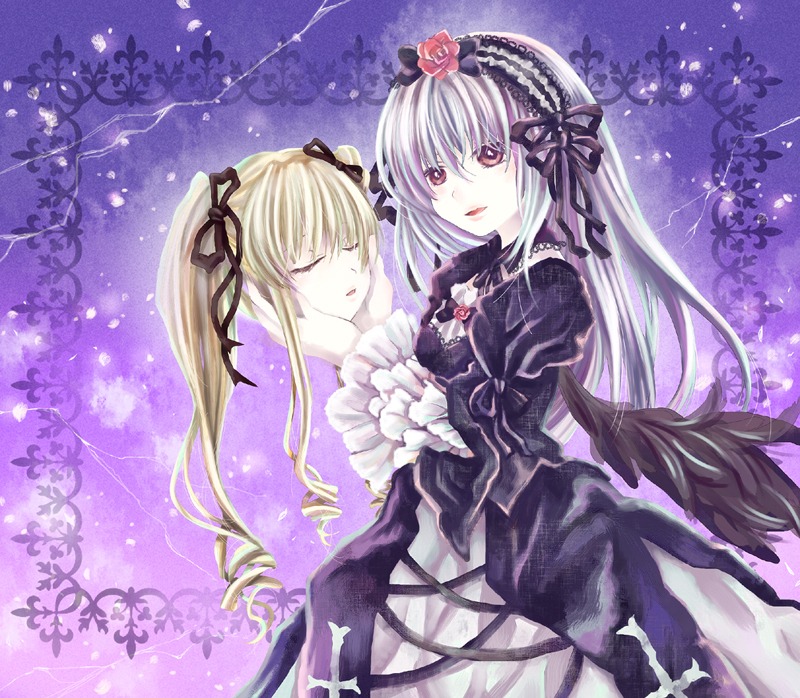 2girls black_wings blonde_hair closed_eyes dress flower frills hair_ribbon hairband hand_on_another's_face image long_hair long_sleeves multiple_girls purple_background ribbon shinku silver_hair solo suigintou twintails very_long_hair wings