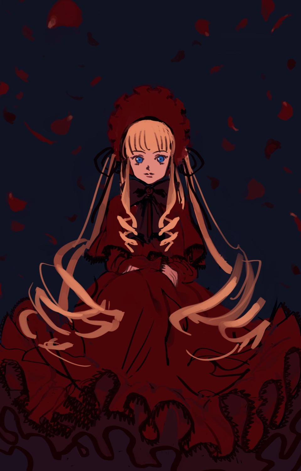 1girl blonde_hair blue_eyes bonnet bow dress flower image long_hair long_sleeves looking_at_viewer petals red_dress rose rose_petals shinku sitting solo twintails very_long_hair