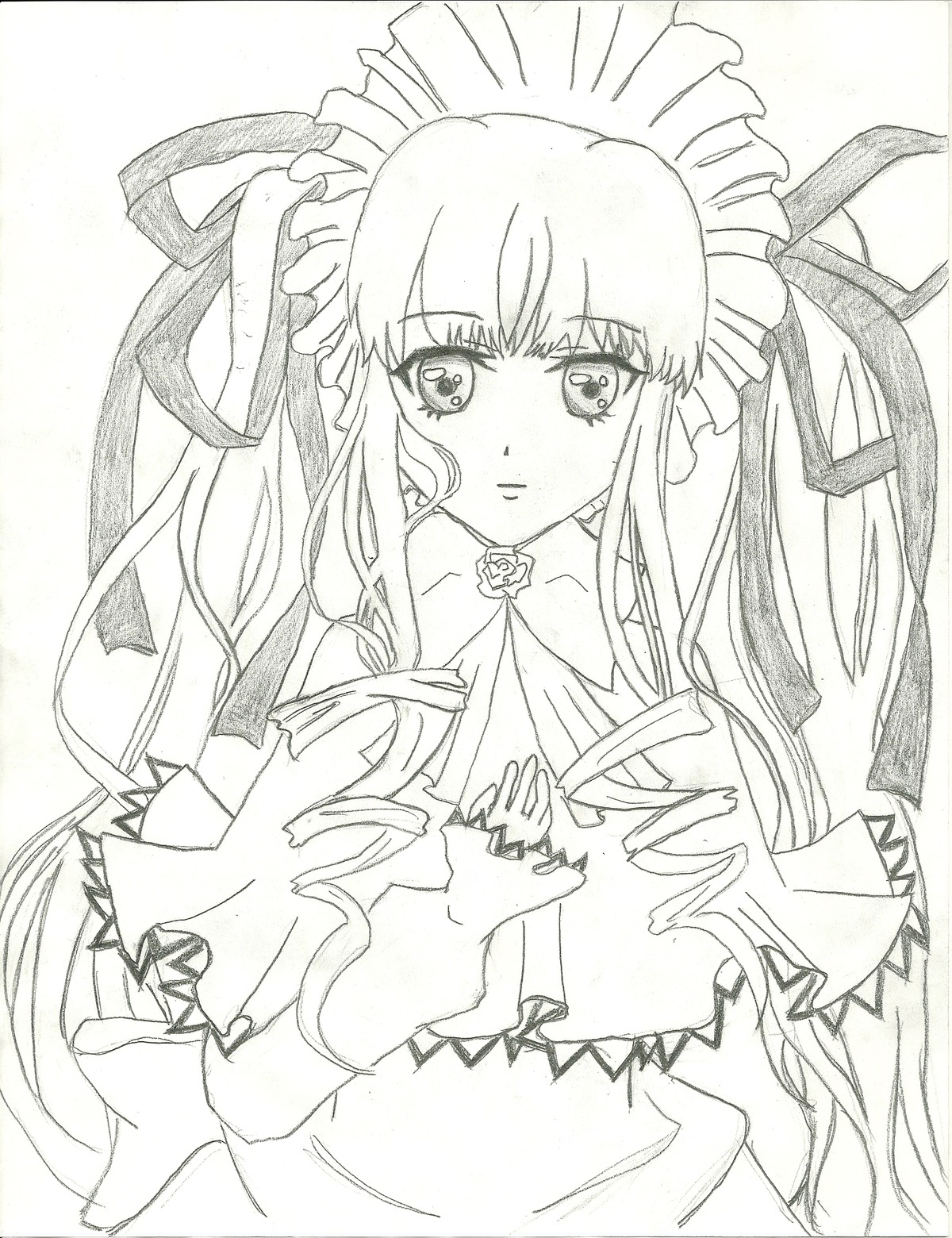 1girl auto_tagged blush dress drill_hair flower frills hair_ribbon image long_hair looking_at_viewer monochrome ribbon rose shinku solo traditional_media upper_body very_long_hair