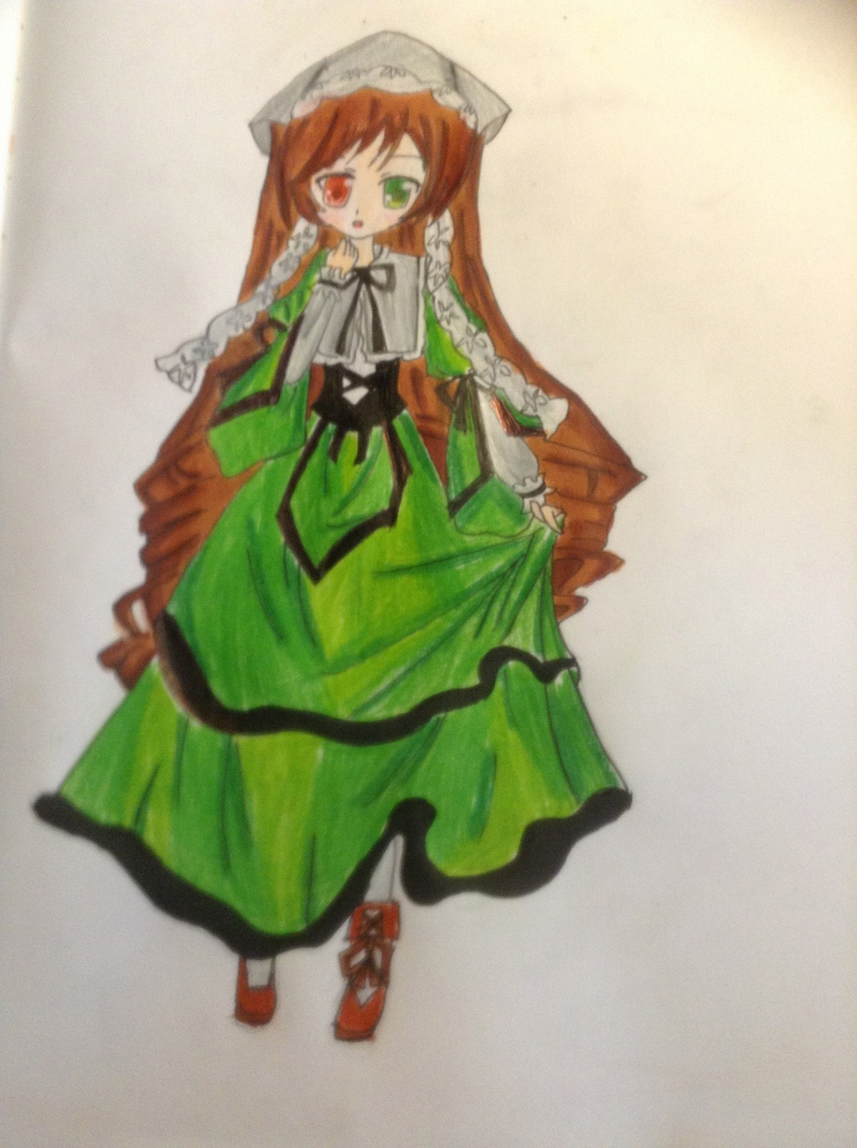 1girl auto_tagged brown_hair dress frills full_body green_dress green_eyes hat head_scarf heterochromia image long_hair long_sleeves looking_at_viewer red_eyes simple_background solo standing suiseiseki twintails very_long_hair