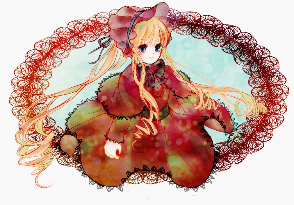 1girl blonde_hair blue_eyes bonnet bow bowtie capelet dress flower image long_hair long_sleeves looking_at_viewer pink_rose red_dress rose shinku smile solo twintails very_long_hair