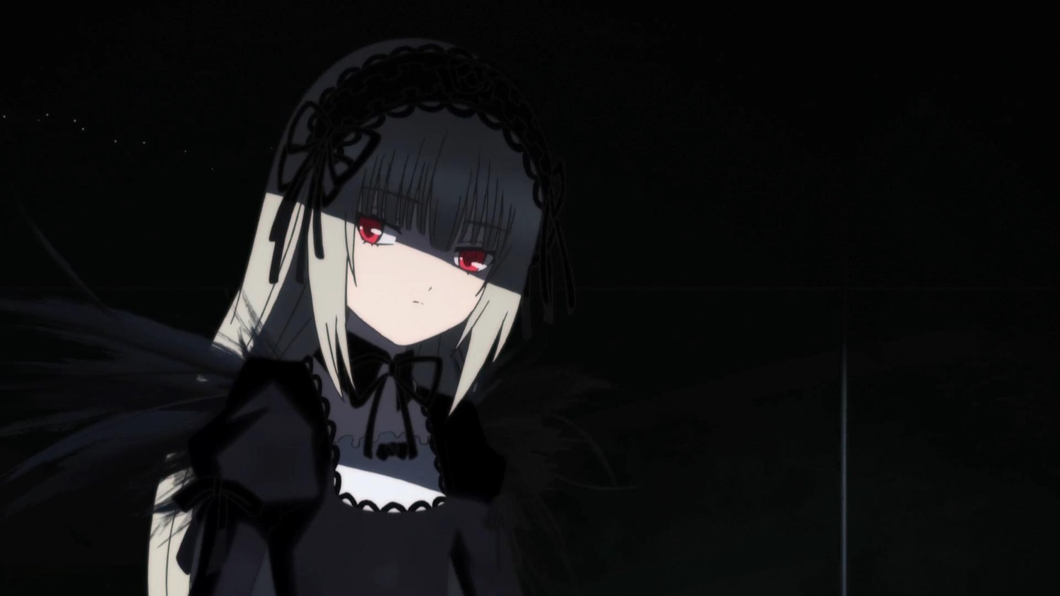 1girl bangs black_background black_dress black_ribbon black_wings closed_mouth dress eyebrows_visible_through_hair frills hairband image juliet_sleeves lolita_fashion long_hair long_sleeves looking_at_viewer puffy_sleeves red_eyes ribbon silver_hair simple_background solo suigintou wings