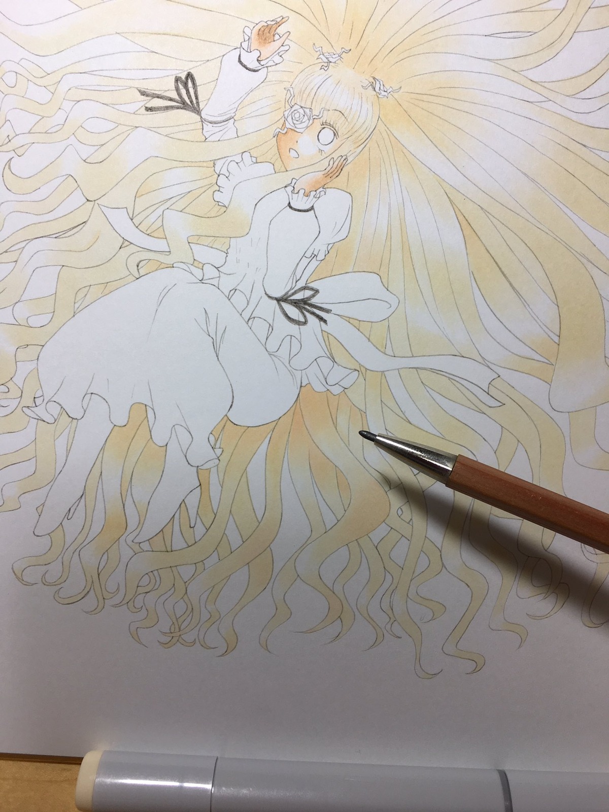 1girl barefoot blonde_hair dress image kirakishou long_hair puffy_sleeves solo traditional_media very_long_hair watercolor_(medium)