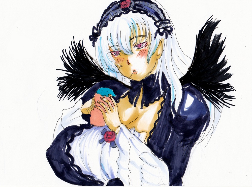 1girl auto_tagged black_wings blush breasts cleavage detached_collar dress feathers flower frills hairband image long_hair long_sleeves looking_at_viewer pink_eyes rose silver_hair solo suigintou traditional_media wings
