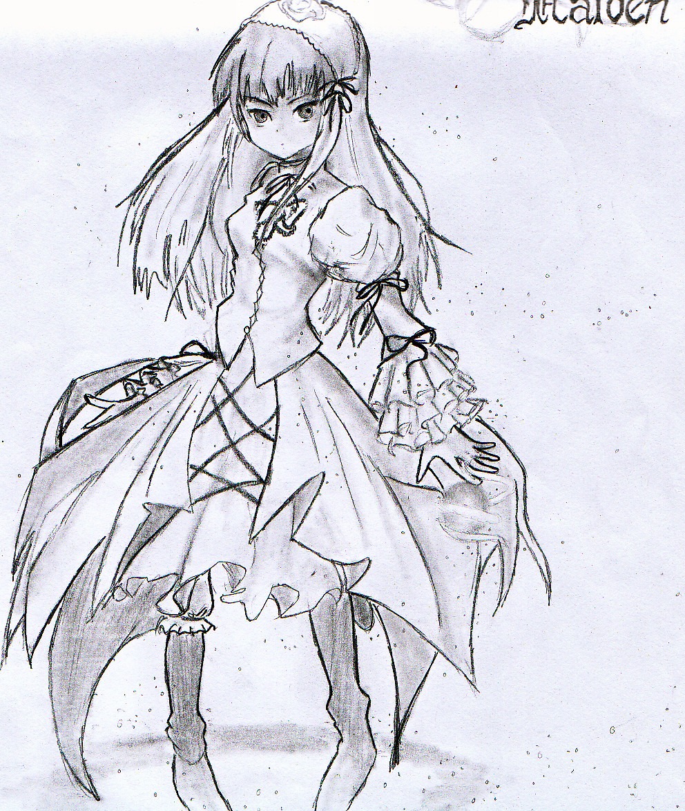 1girl bangs boots dress frills full_body image juliet_sleeves kneehighs long_hair long_sleeves looking_at_viewer monochrome ribbon solo standing suigintou traditional_media