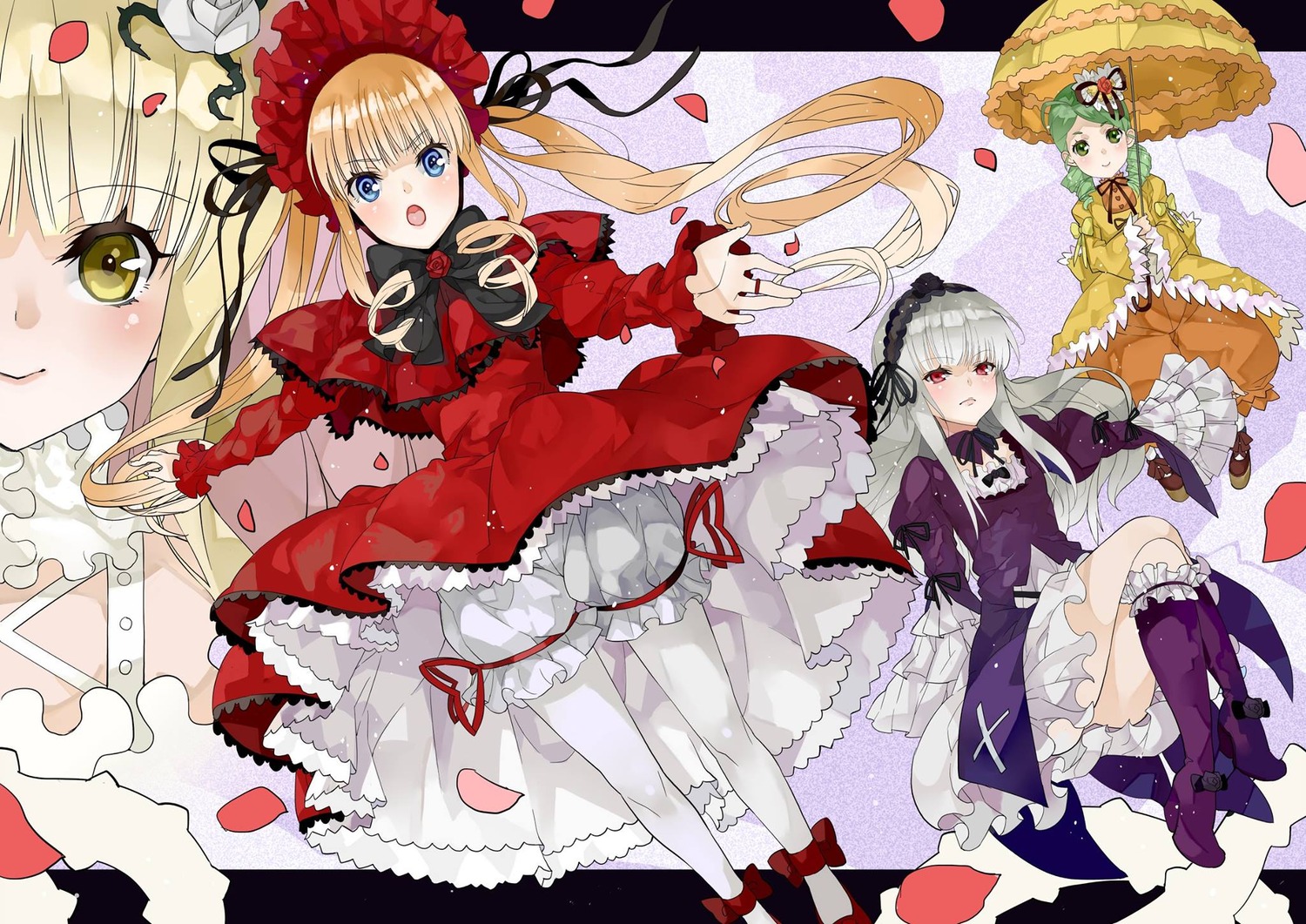 4girls blonde_hair bloomers blue_eyes blush bonnet boots bow dress drill_hair flower green_eyes green_hair hairband hat image long_hair long_sleeves looking_at_viewer multiple multiple_girls open_mouth petals red_dress red_eyes rose_petals shinku silver_hair smile suigintou tagme twintails umbrella underwear yellow_eyes