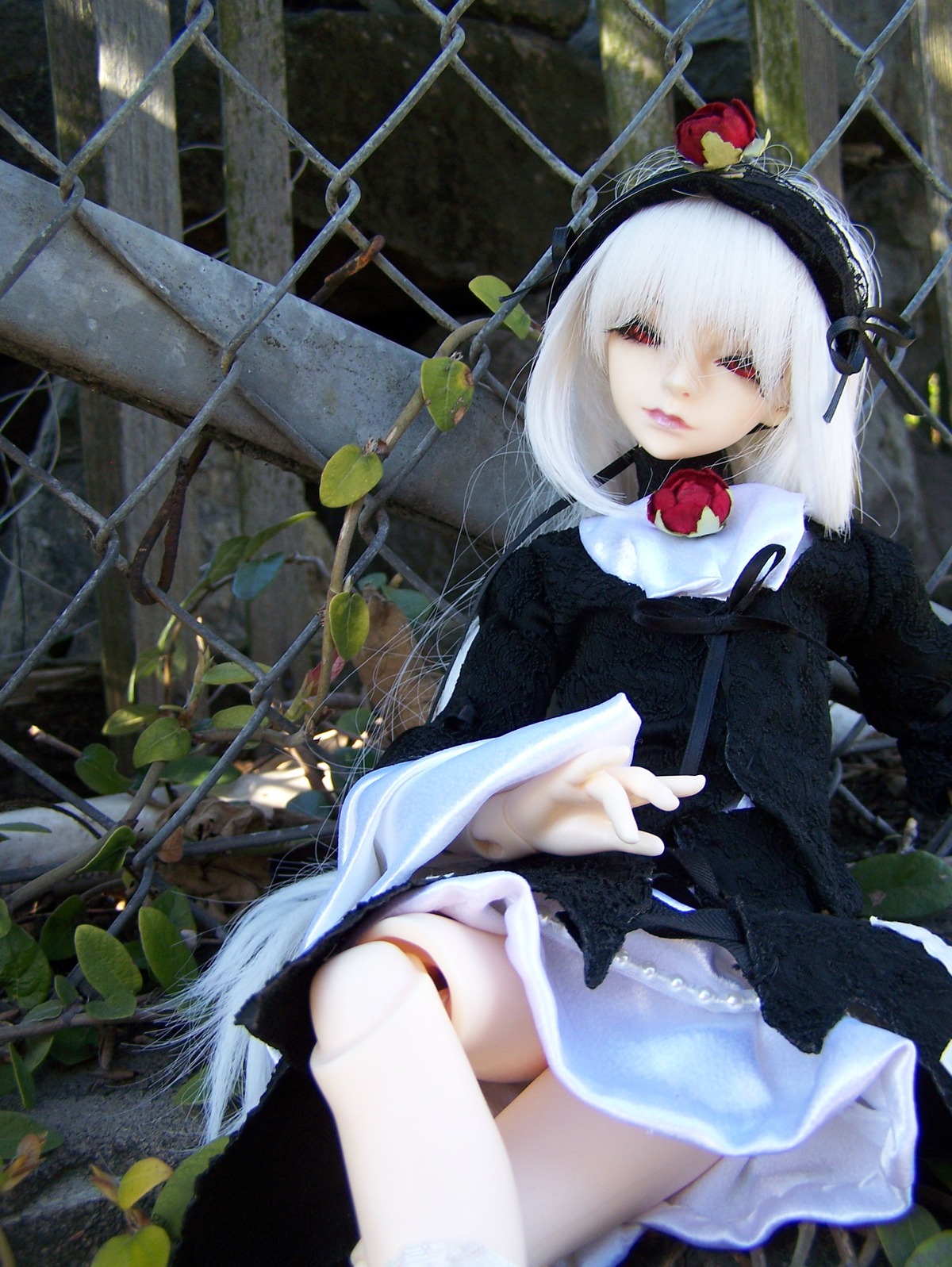 1girl apple blurry depth_of_field doll dress food fruit hairband long_hair long_sleeves looking_at_viewer red_eyes sitting solo suigintou white_hair