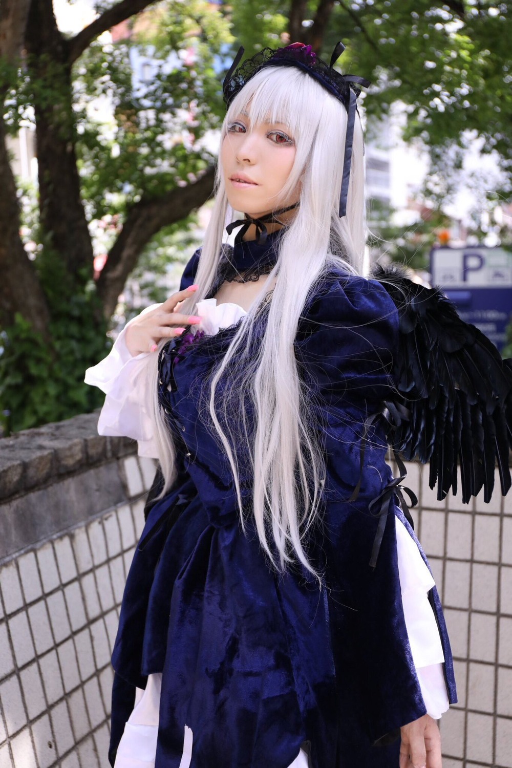 1girl 3d blurry depth_of_field dress fence flower hand_on_own_chest long_hair long_sleeves looking_at_viewer outdoors red_eyes solo stained_glass standing suigintou tree wings