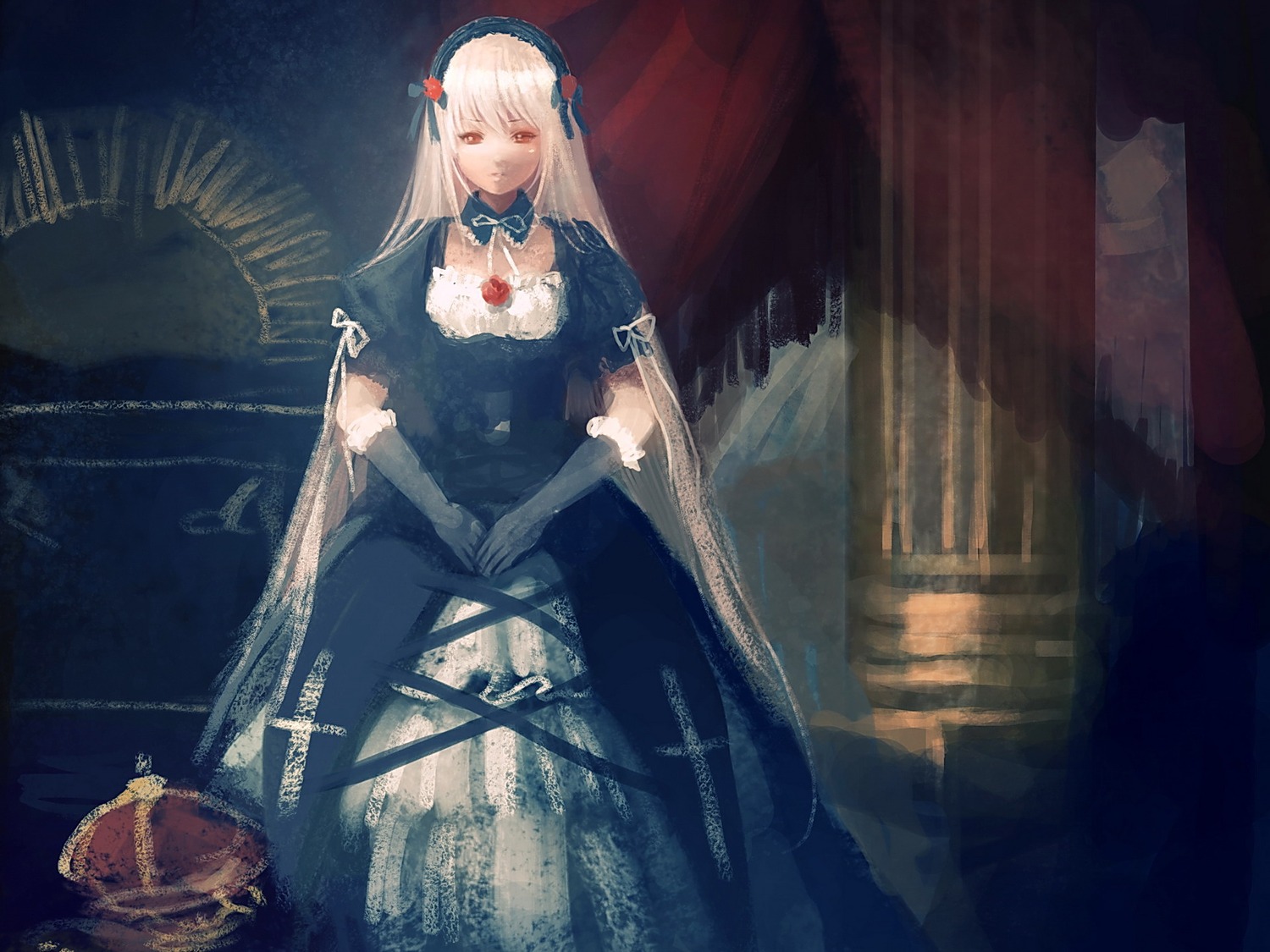 1girl dress flower hairband image long_hair long_sleeves looking_at_viewer red_eyes ribbon solo standing suigintou white_hair