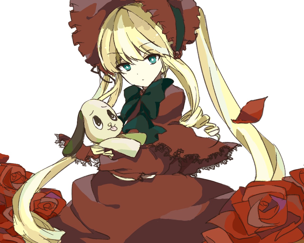 1girl blonde_hair blue_eyes bonnet bow bowtie dress drill_hair flower hat image long_hair long_sleeves looking_at_viewer pink_rose red_flower red_rose rose shinku solo twintails