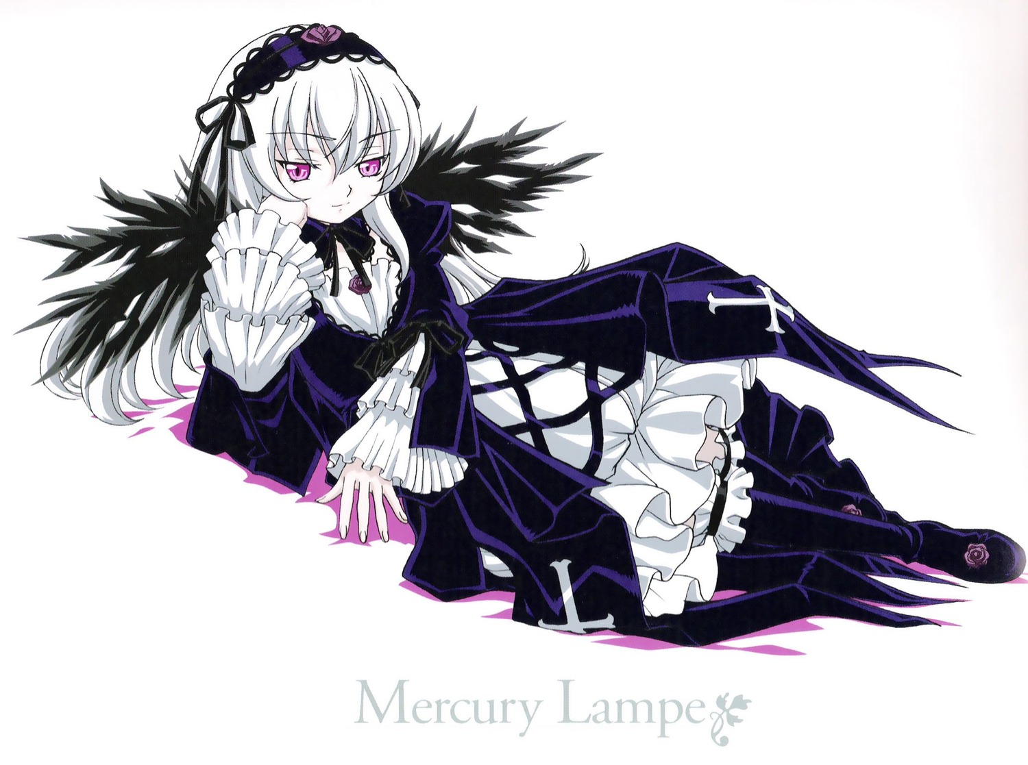 1girl artist_request black_wings boots colored_skin detached_collar dress flower frilled_sleeves frills full_body hairband highres image long_hair long_sleeves looking_at_viewer photoshop_(medium) pink_eyes rose rozen_maiden solo suigintou white_background white_hair white_skin wings