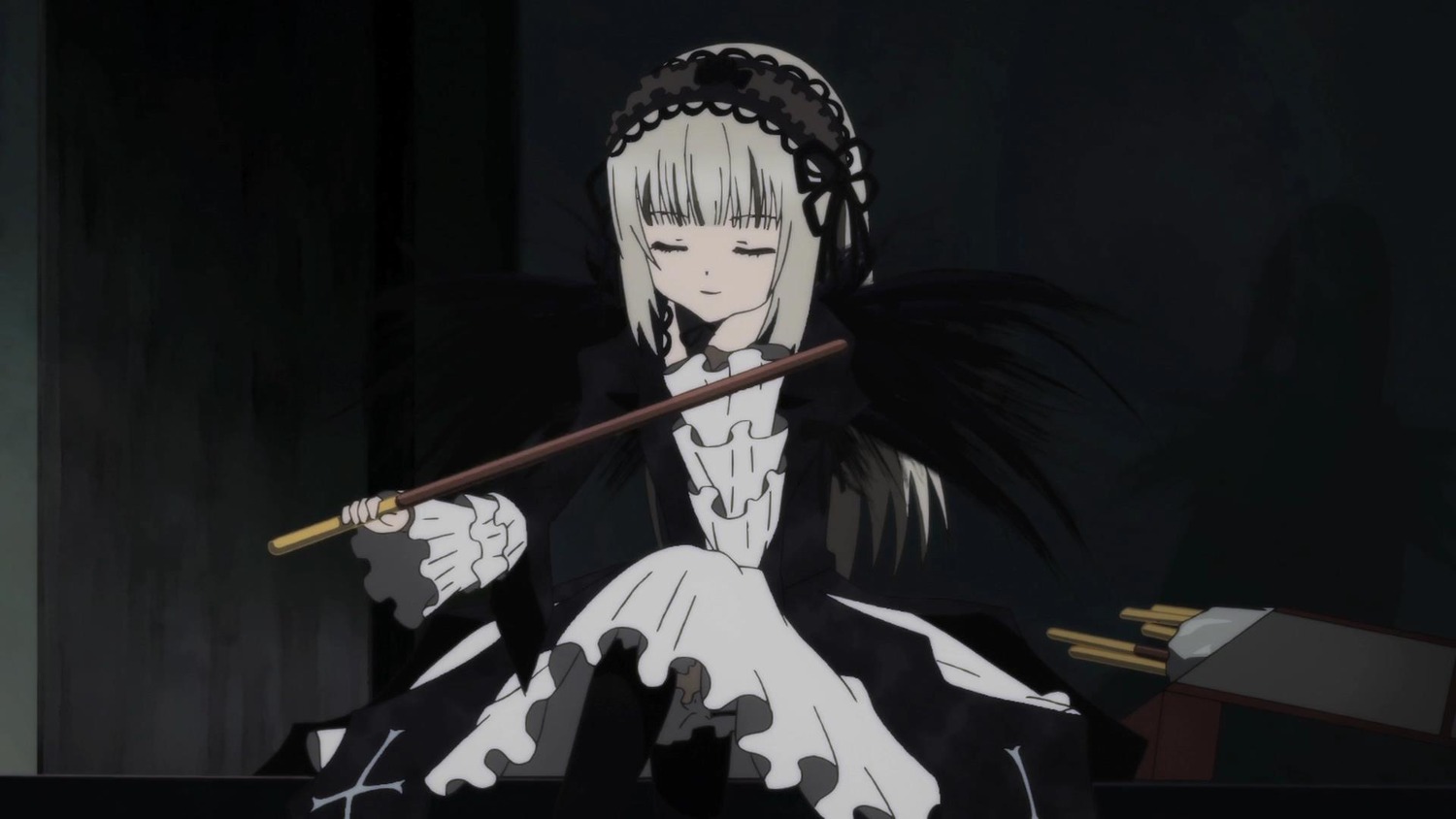 1girl bangs black_dress black_wings closed_eyes closed_mouth dress feathered_wings frills hairband holding image juliet_sleeves long_hair long_sleeves pipe silver_hair sitting solo suigintou wings