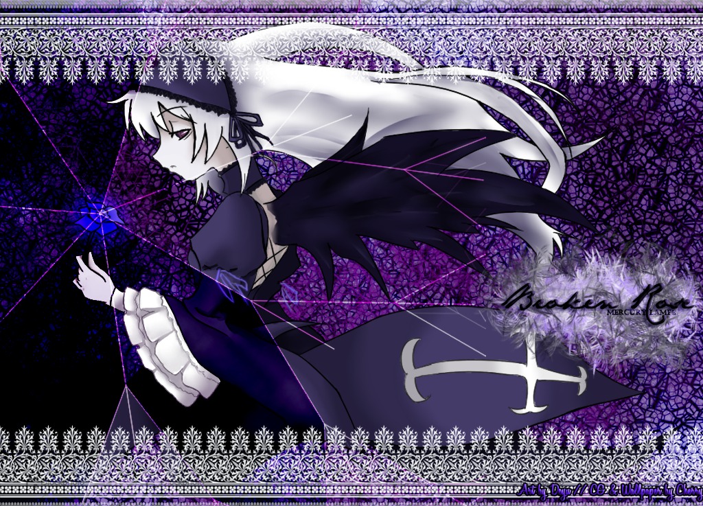 1girl black_wings dress frilled_sleeves frills hairband image juliet_sleeves long_hair long_sleeves looking_back puffy_sleeves purple_eyes ribbon silver_hair solo suigintou text_focus wings