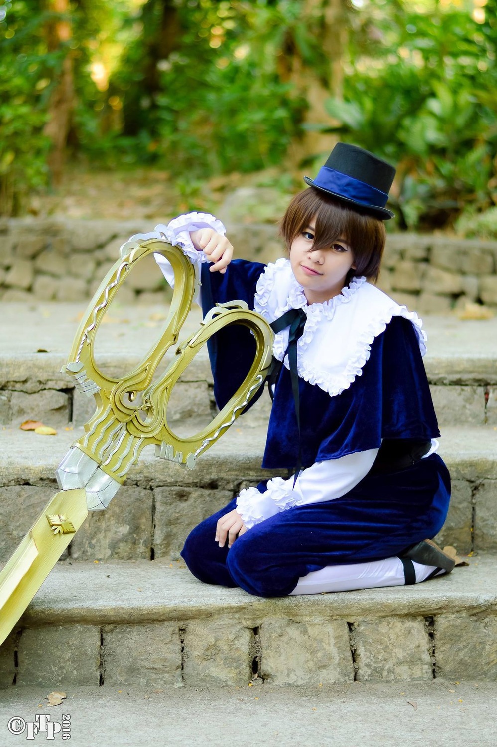 1girl brown_hair capelet dress hat lips long_sleeves outdoors sitting solo souseiseki stairs top_hat