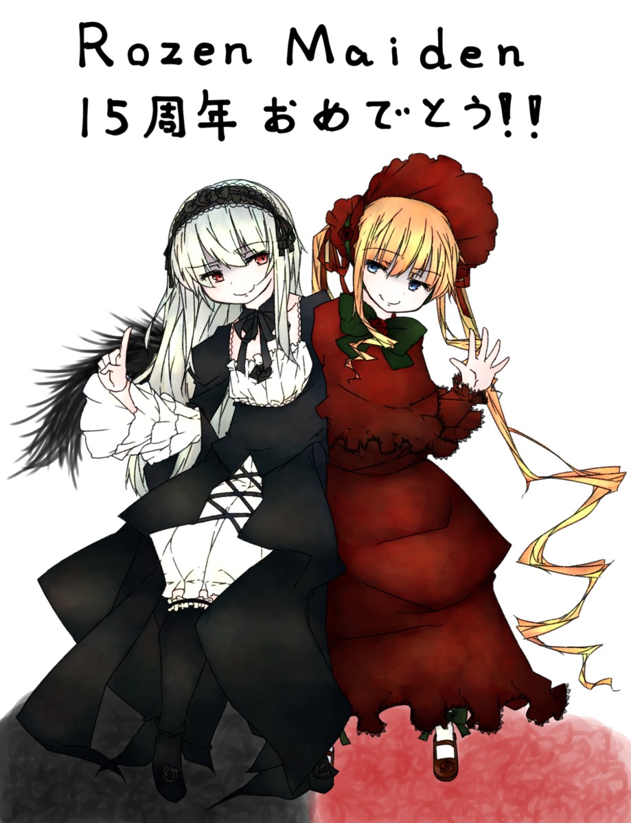 2girls blonde_hair blue_eyes bonnet dress drill_hair flower frills hairband image long_hair long_sleeves looking_at_viewer multiple_girls pair red_dress red_eyes rose shinku smile suigintou twintails white_background wings