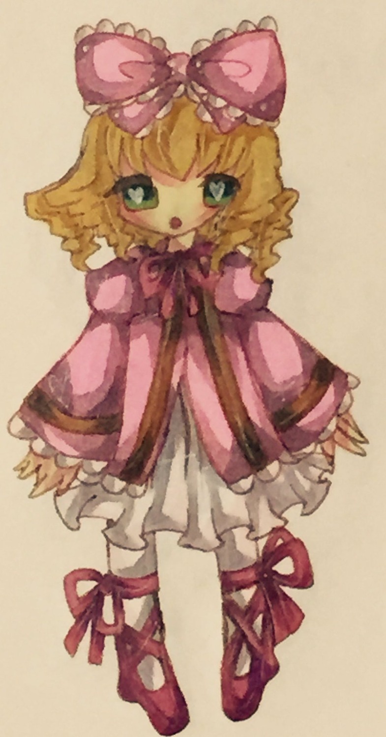 1girl :o blonde_hair bow cross-laced_footwear dress frills full_body hair_bow hina_ichigo hinaichigo image leg_ribbon long_sleeves open_mouth pantyhose pink_bow pink_dress ribbon shoes short_hair simple_background solo standing traditional_media white_legwear