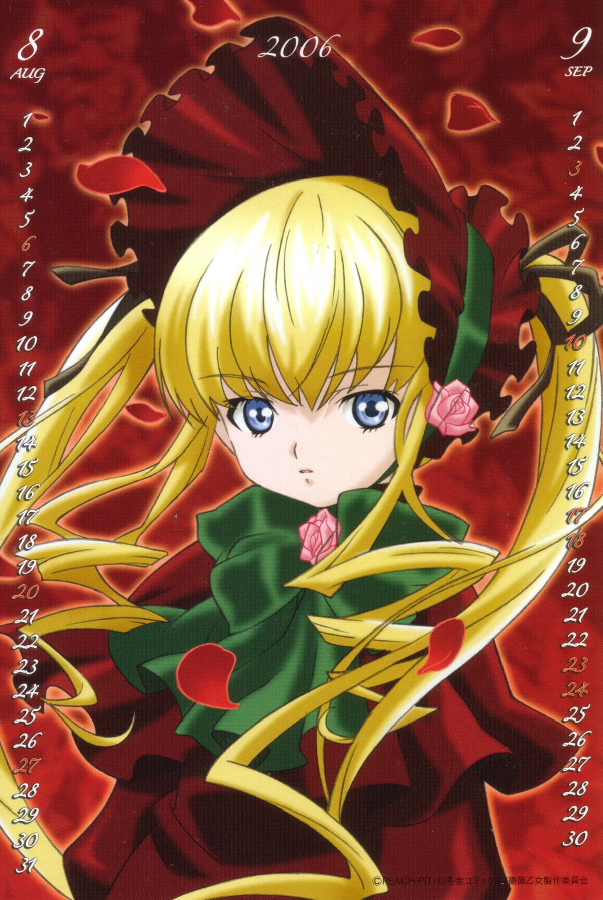 1girl 86800 blonde_hair blue_eyes bonnet bow bowtie dress flower green_bow image long_hair long_sleeves looking_at_viewer petals pink_rose red_dress rose shinku sidelocks solo twintails