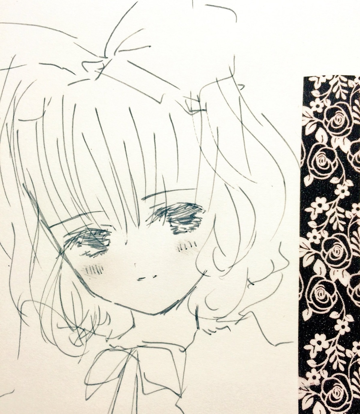 1girl blush closed_mouth eyebrows_visible_through_hair flower hinaichigo image komeiji_koishi monochrome portrait ribbon rose short_hair solo traditional_media