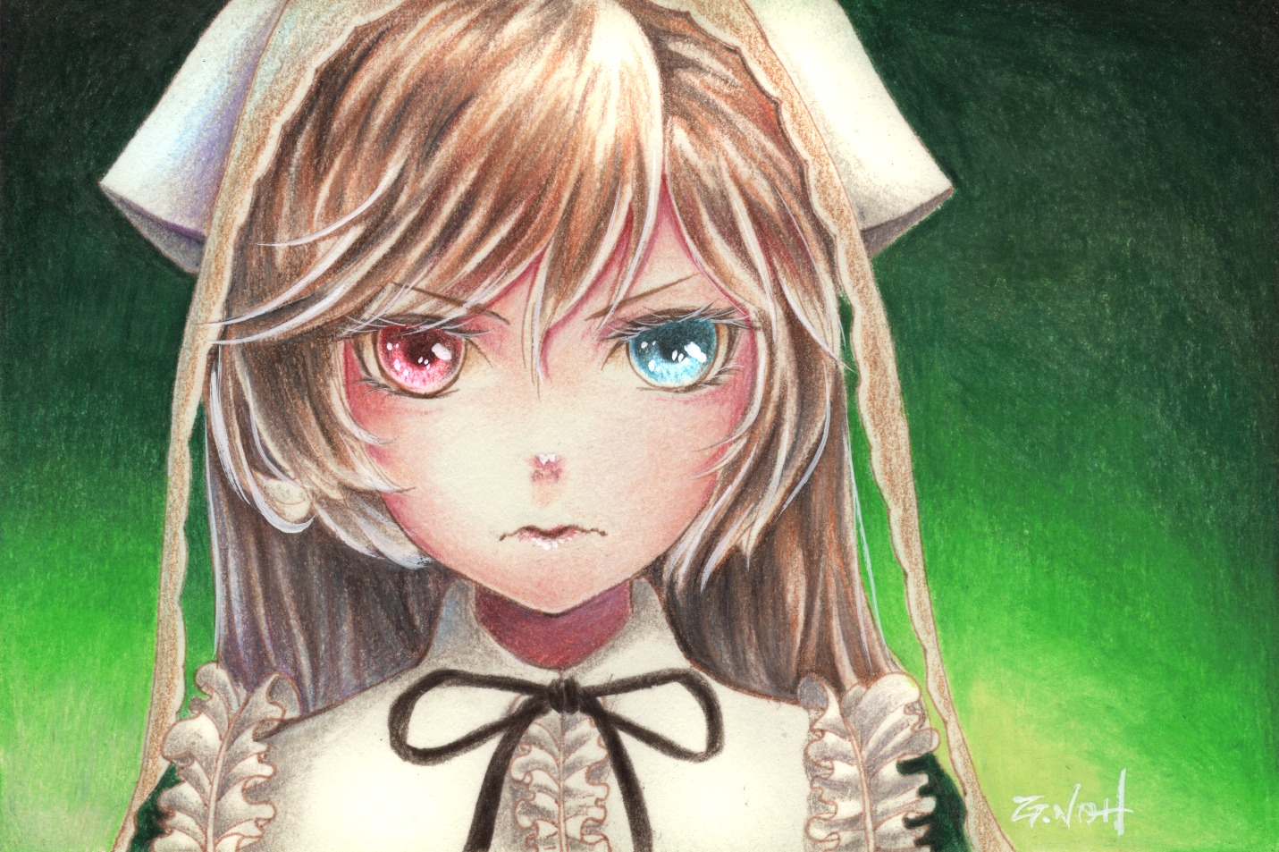 1girl black_ribbon blue_eyes brown_hair closed_mouth green_background head_scarf heterochromia image long_hair looking_at_viewer marker_(medium) neck_ribbon red_eyes signature solo suiseiseki traditional_media watercolor_(medium)